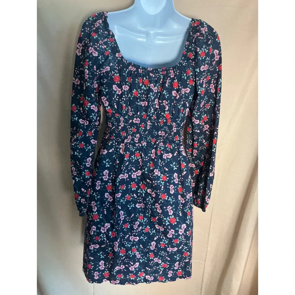 BP Floral Long Sleeve Dress Kids Medium Navy Blue Excellent Smocked Square Neck